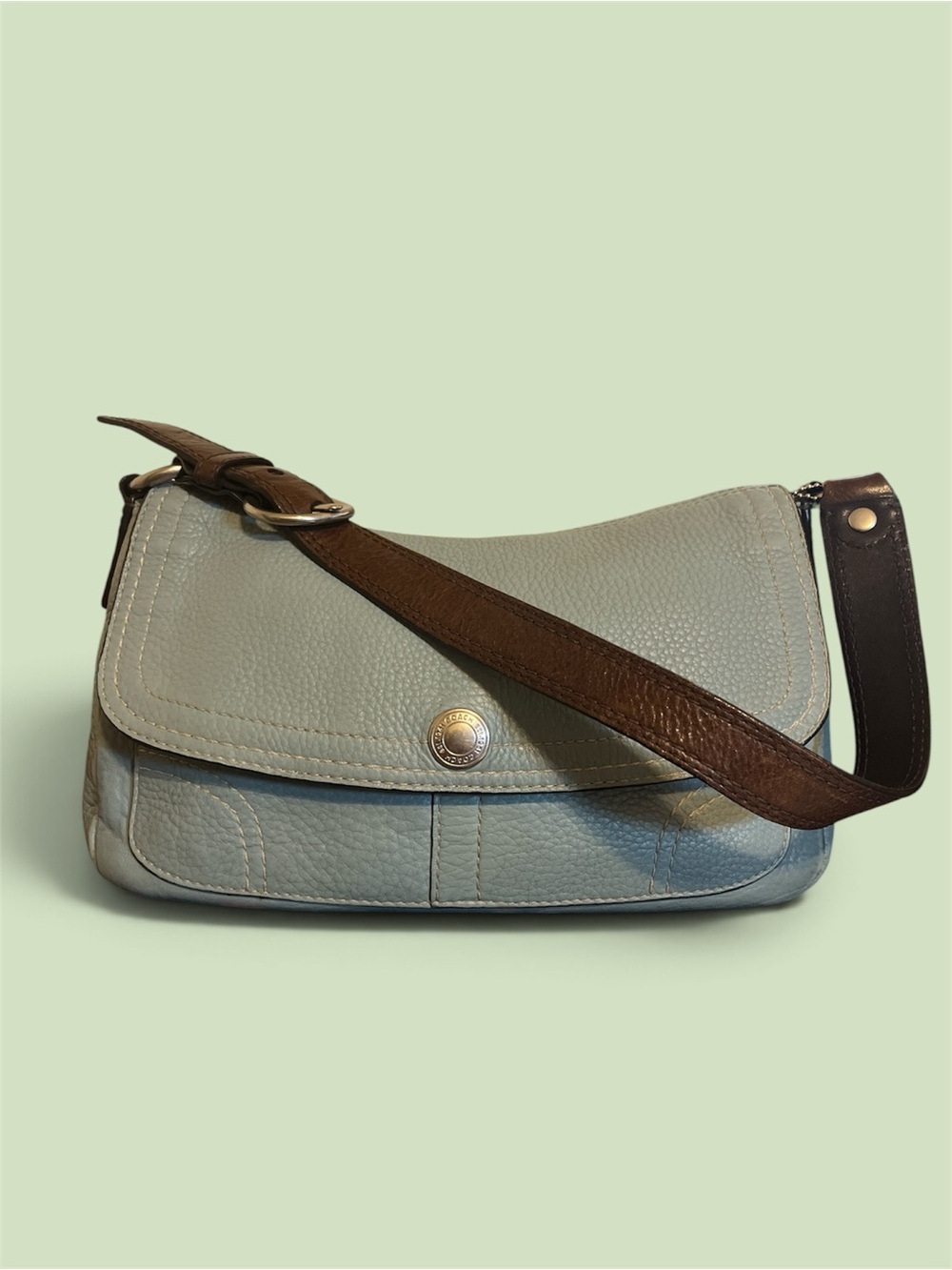 Coach Pebbled Leather Shoulder Bag in Light Blue with Brown Strap